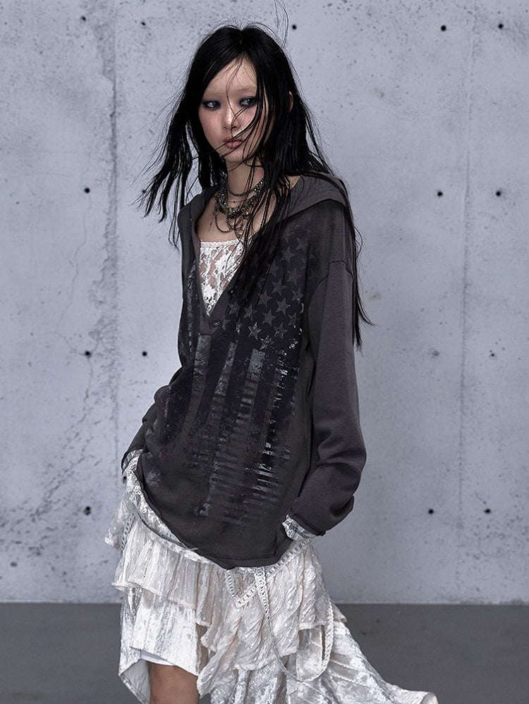 Hooded V-Neck Gray Dark with Loose Top Version Two-piece