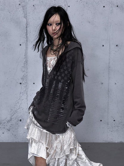 Hooded V-Neck Gray Dark with Loose Top Version Two-piece