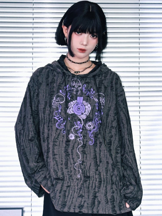 Print Distressed Gray Hoodie Gothic Brain Hole with Music Double-Layer