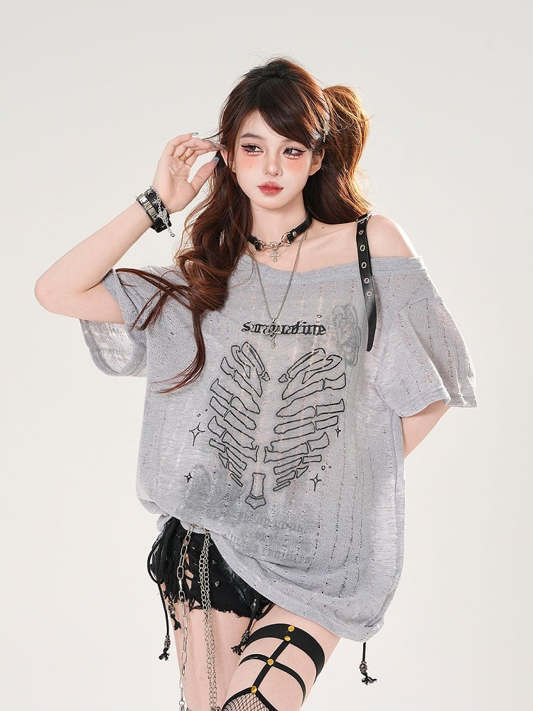 Heart Print Holes Asymmetrical Neckline Distressed