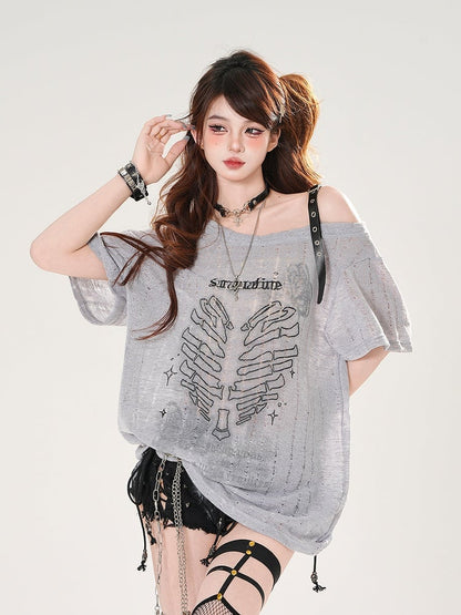 Heart Print Holes Asymmetrical Neckline Distressed