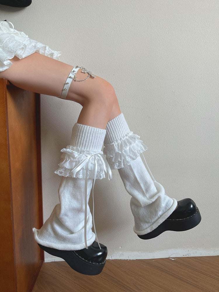 Bows Lace Multi-layered Leg With Flared White And Warmers Knitted Trim