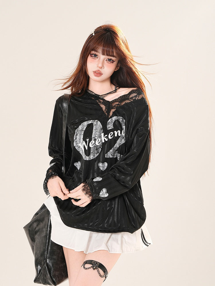 ホワイト/ブラックトリム Vネック レース ナンバープリント ストライプ トップス