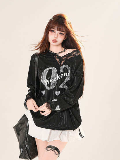 ホワイト/ブラックトリム Vネック レース ナンバープリント ストライプ トップス