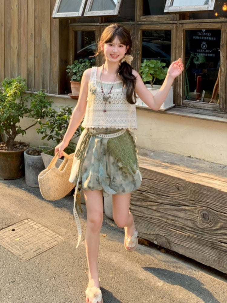Side Waist Patches Shorts Dye Lace Mori Kei Green Elastic Tie
