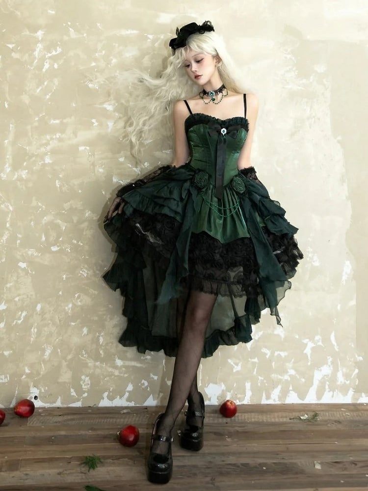 Black Lolita Bouquet Boned with Rose Dress Strapless Hem Green Gothic