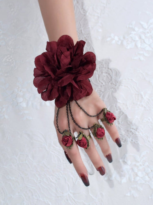 Gothic Lolita Wine Red Rosette Bracelet with Chain