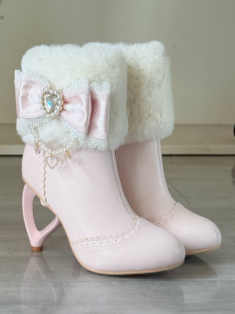 Sakura Pink Plush Boots - Cuff Heel Heart