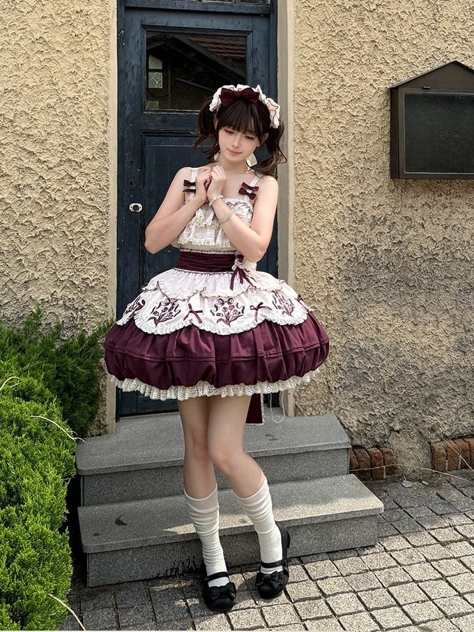 Classic Tulip Floral Embroidered Jacquard Lolita JSK Short Bubble Skirt Dress - Whispering Roses