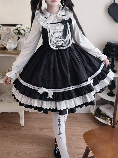 Süßes schwarzes Lolita-Kleid mit Teddy-Stickerei-Mieder