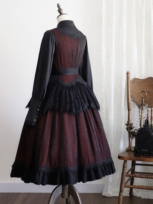 Details Dress with Square Neckline Embroidered Black Gothic Lace Red Lolita