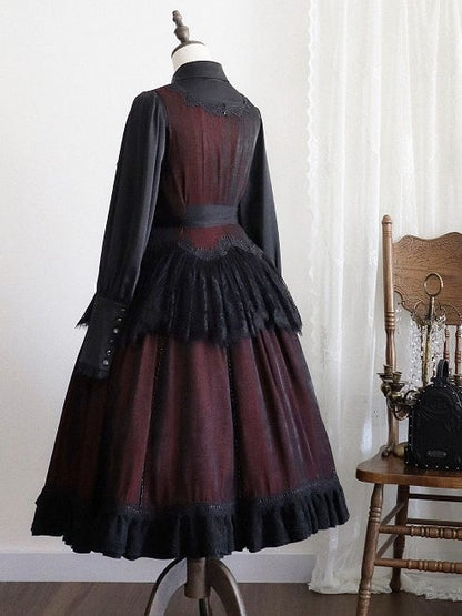 Details Dress with Square Neckline Embroidered Black Gothic Lace Red Lolita