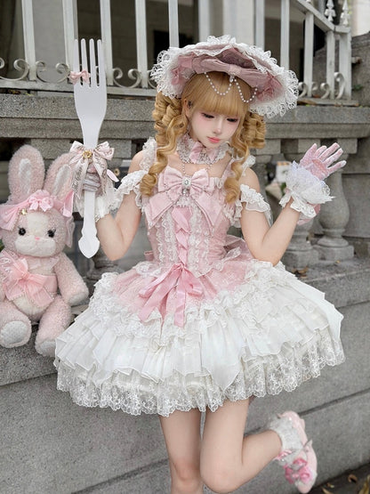 Pink Ballet Style Lace Ruffle Lolita JSK Dress with Bead Chain Bow and Back Bow Set - White Sugar Girl