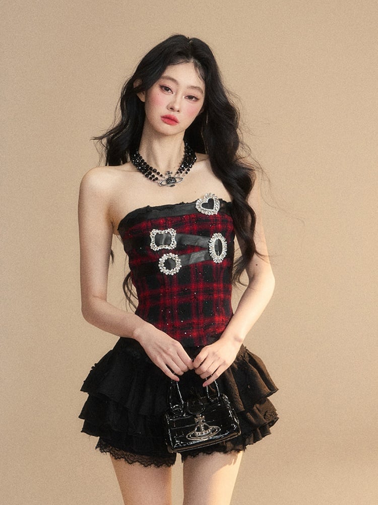 Schwarz kariertes Strassschnallen Spitzenbesatz Glamouröses trägerloses Top Rot