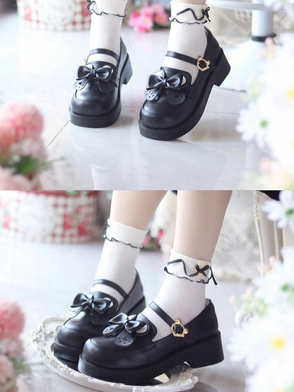 Ear Black and Style Heels Bow Matte Removable Preppy PU with Mid in Bear Clasp