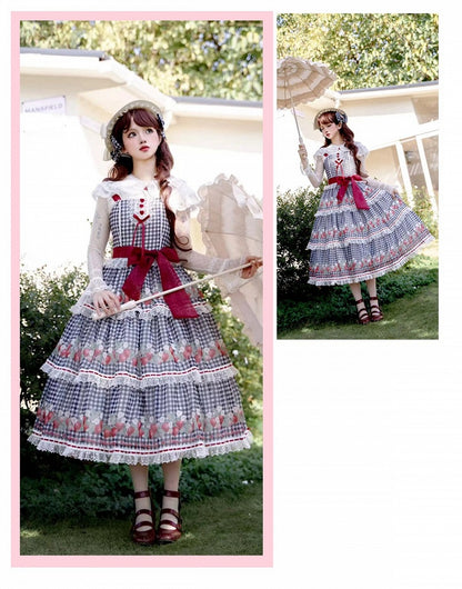 Strawberry Print Black Lolita Gingham Dress Sweet Summer Lolita Jumper Skirt