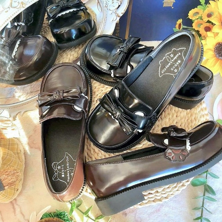 Preppy Style Black Low Heels with Bear Paw & Ear Accents