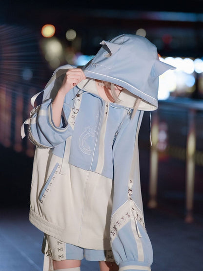 Blue - + Kaiwai J-Style Detachable Futuristic Set Shorts Jacket Leg Coord Light Warmers Tenshi