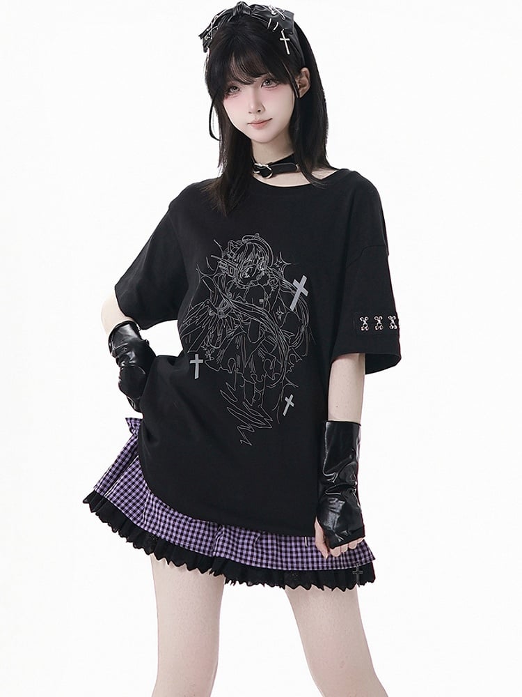 Print T-Shirt Angel Black Round Neck Reflective Cyber