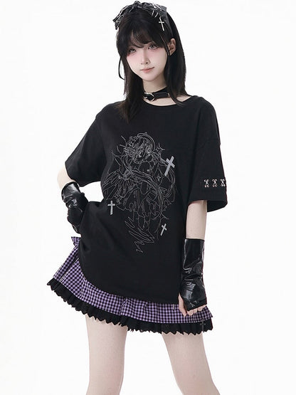 Print T-Shirt Angel Black Round Neck Reflective Cyber