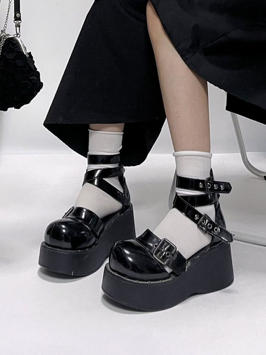 Punk Black Platform Crisscross Shoes Details Design with Studs