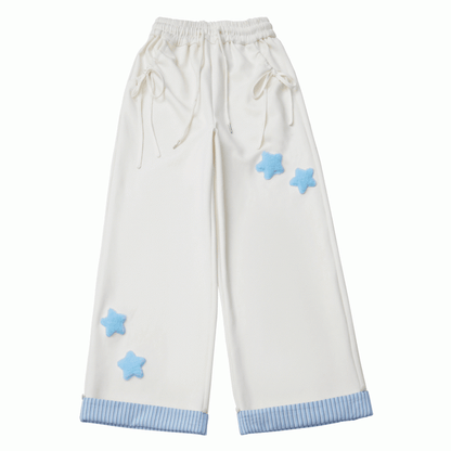 Gray/Black/Beige Plush with Rolled Star Cuffs Appliques Dark Sweatpants Striped