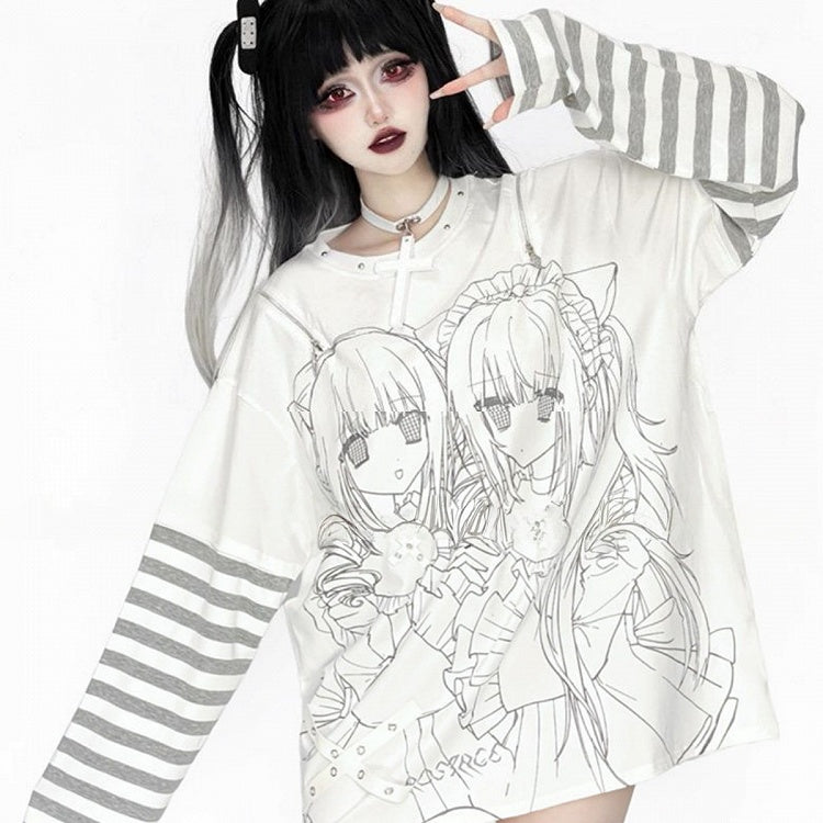 Printed Striped Top Cutout Landmine Style Girl White Zip-Adjustable Gray Shoulder