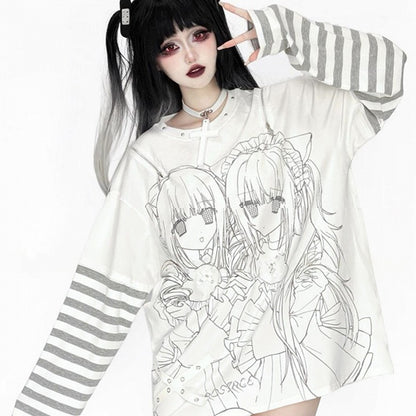 Printed Striped Top Cutout Landmine Style Girl White Zip-Adjustable Gray Shoulder