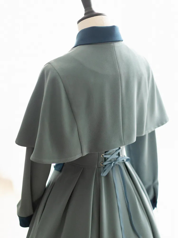 Uniform Blue Detachable Elegant Cape Beauxbatons Dusty Front Dress with Placket Inspired Button Vintage
