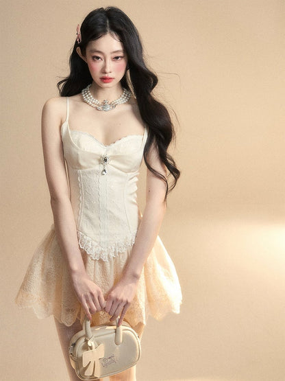 Spaghettiträgerkleid Apricot Herzförmiger Ausschnitt Baskische Taille Puffy