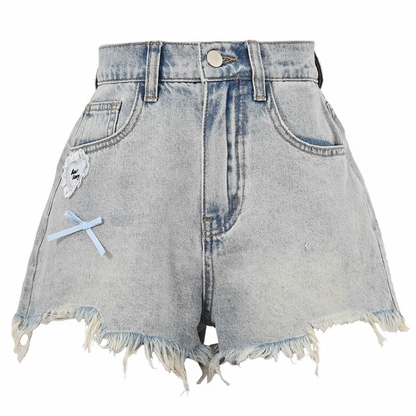 ヴィンテージデニムショートパンツ ブルー 切りっぱなし裾 ハートアクセント ライト