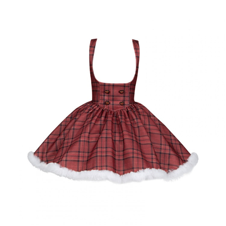 Red Plaid Pattern Under Bust Christmas Vibes Lolita Dress Boned Waist and Plush Hemline Short Version