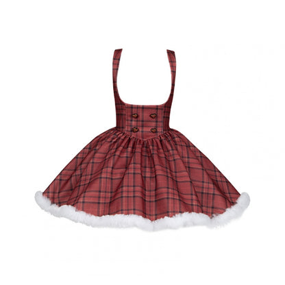 Red Plaid Pattern Under Bust Christmas Vibes Lolita Dress Boned Waist and Plush Hemline Short Version