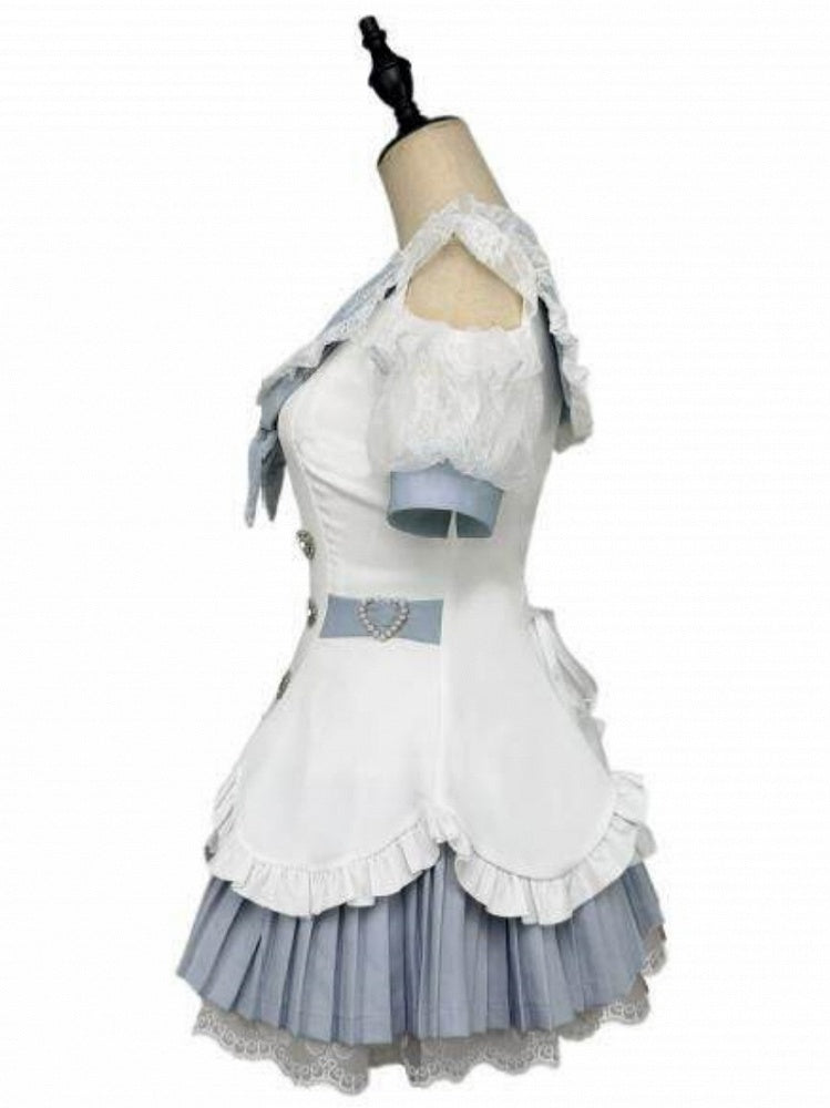 Landmine Style Blue and White Sailor Collar Cutout Shoulder Pleated Dress with Rhinestone Buttons Lace and Shorts - Broken Bear