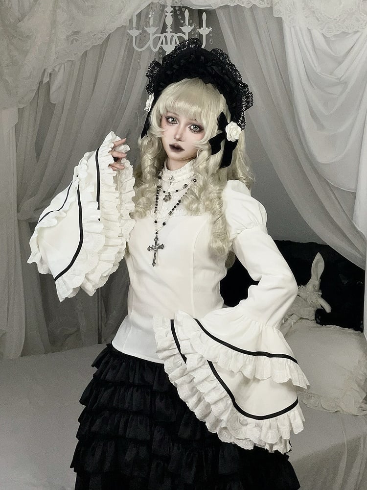 Sleeves Layered White Blouse Ruffled Neck Bell
