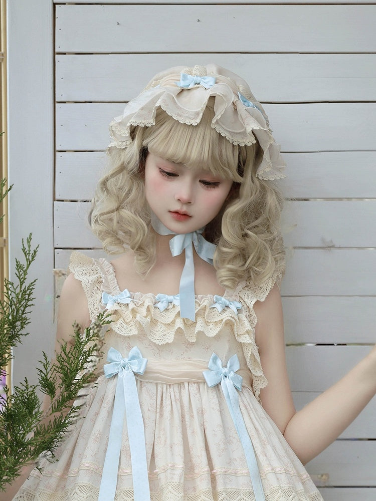 Ruffled Accents with Lolita Bow Apricot Hat Sweet Blue