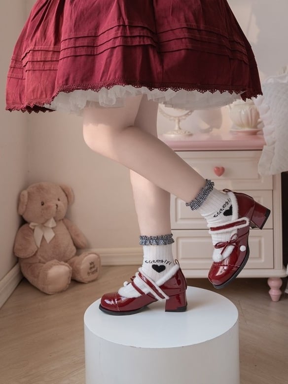 Lining Mary Bow - Sweet Pompom Lolita PU Plush with Wine Janes Mid-heel Accented Red