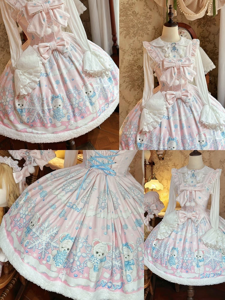 Pink Skirt Bear Lolita and Print Snowflake Winter Light Sweet Jumper with