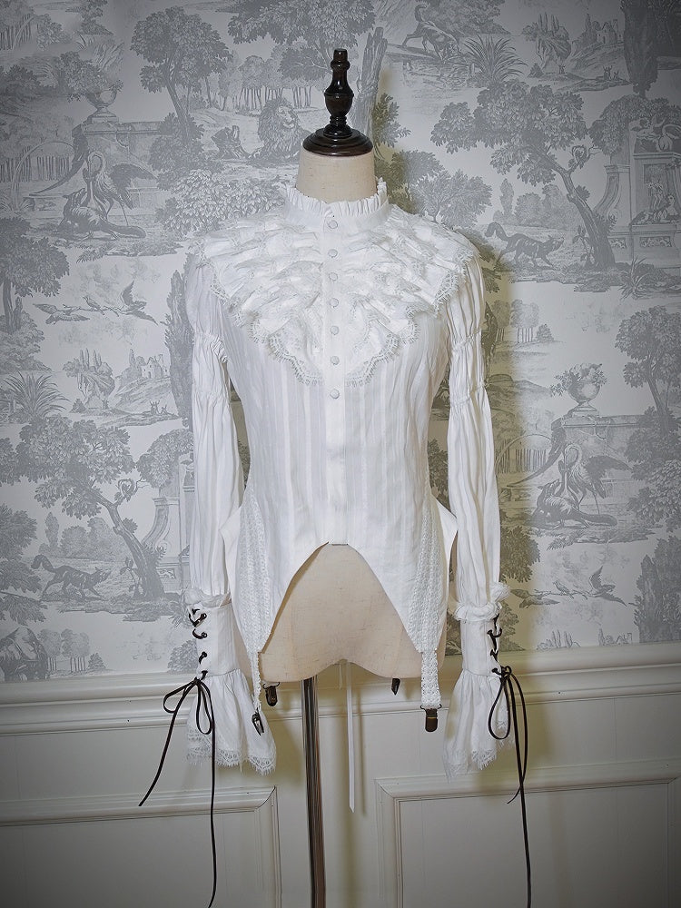 Sleeves Ruffle White Blouse Leg-of-Mutton Neckline