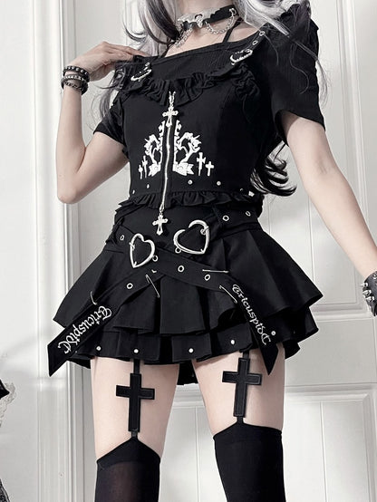 Black Gothic Tiered Ruffle Skirt with Crossed Heart Buckle Belt