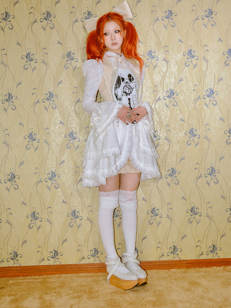 Punk Beige Tank Trim Print with Ruffled Graphic Lace Top