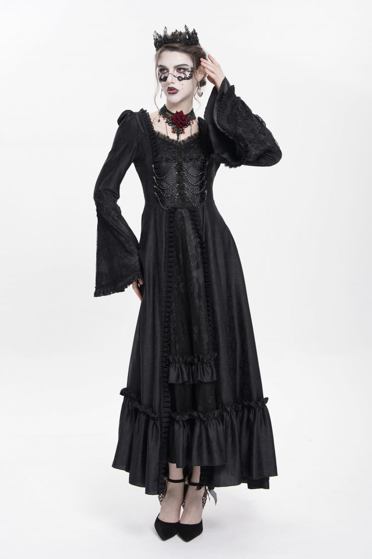 Black Long Sleeve Floral Embroidery Lace-Up Pleated Gothic Dress