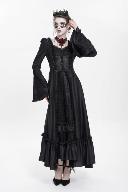 Black Long Sleeve Floral Embroidery Lace-Up Pleated Gothic Dress
