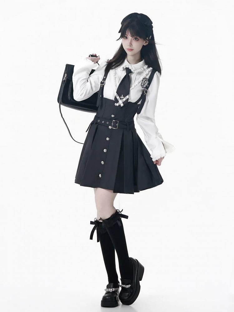 Skirt Box Pleat Overall Belt Strap Adjustable with Black/Gray