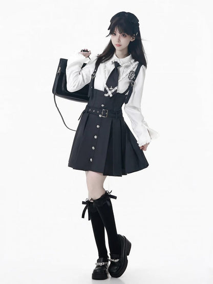 Skirt Box Pleat Overall Belt Strap Adjustable with Black/Gray