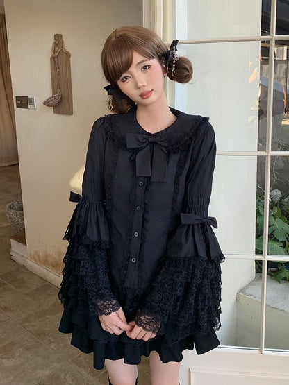 Gothic Lolita Black Bow Blouse with Flared Sleeves and Lace - Lan Jian Chuan