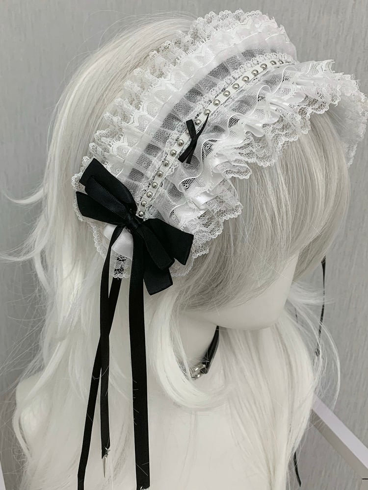 Details Decorated Hairband Ruffled Black/White Bowknot Studs