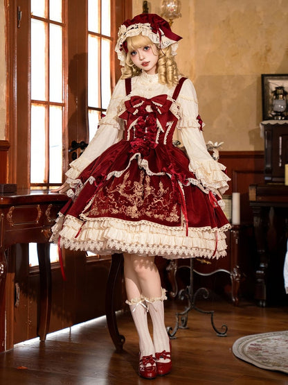 Stickerei Samtkleid Lolita / Rote Dekoration Kerze JSK Schleifen