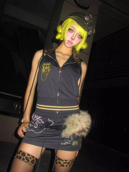Navy Blue Zip-Up Hooded Vest with Leopard Print and Backless Gyaru Design