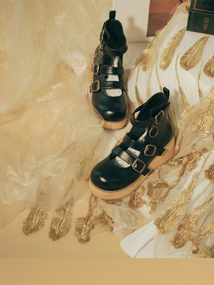 Plateau-Spitze mit Keilschnalle 3-5 cm Sohle rund schwarz 3 Riemen